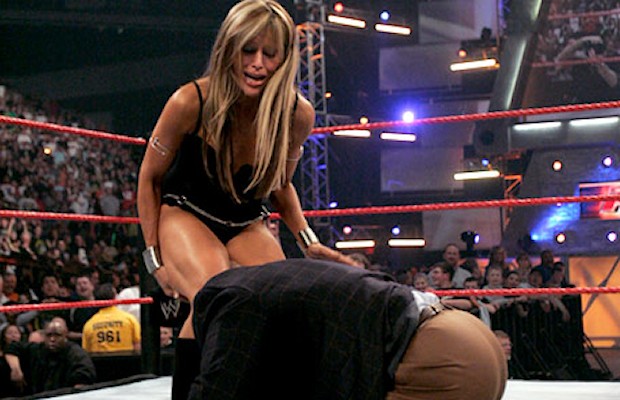 Lilian Garcia's skirt gets ripped off by Bobby Lashley