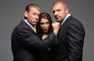 WWE CEO Vince McMahon with his daughter, Stephanie, the company’s Chief Brand Officer, and her husband, Paul Levesque (aka Triple H), executive vice president of talent and live events.