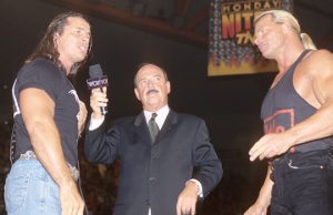 Bret Hart, "Mean" Gene Okerlund and Lex Luger