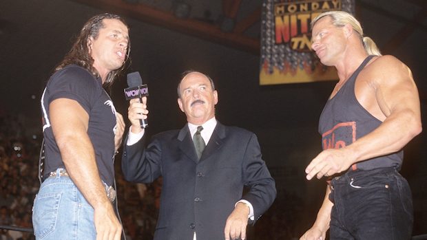 Bret Hart, "Mean" Gene Okerlund and Lex Luger